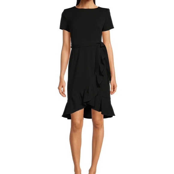 Calvin Klein Short Sleeve Belted Ruffle Dress w/ Gold zipper - Picture 2 of 2